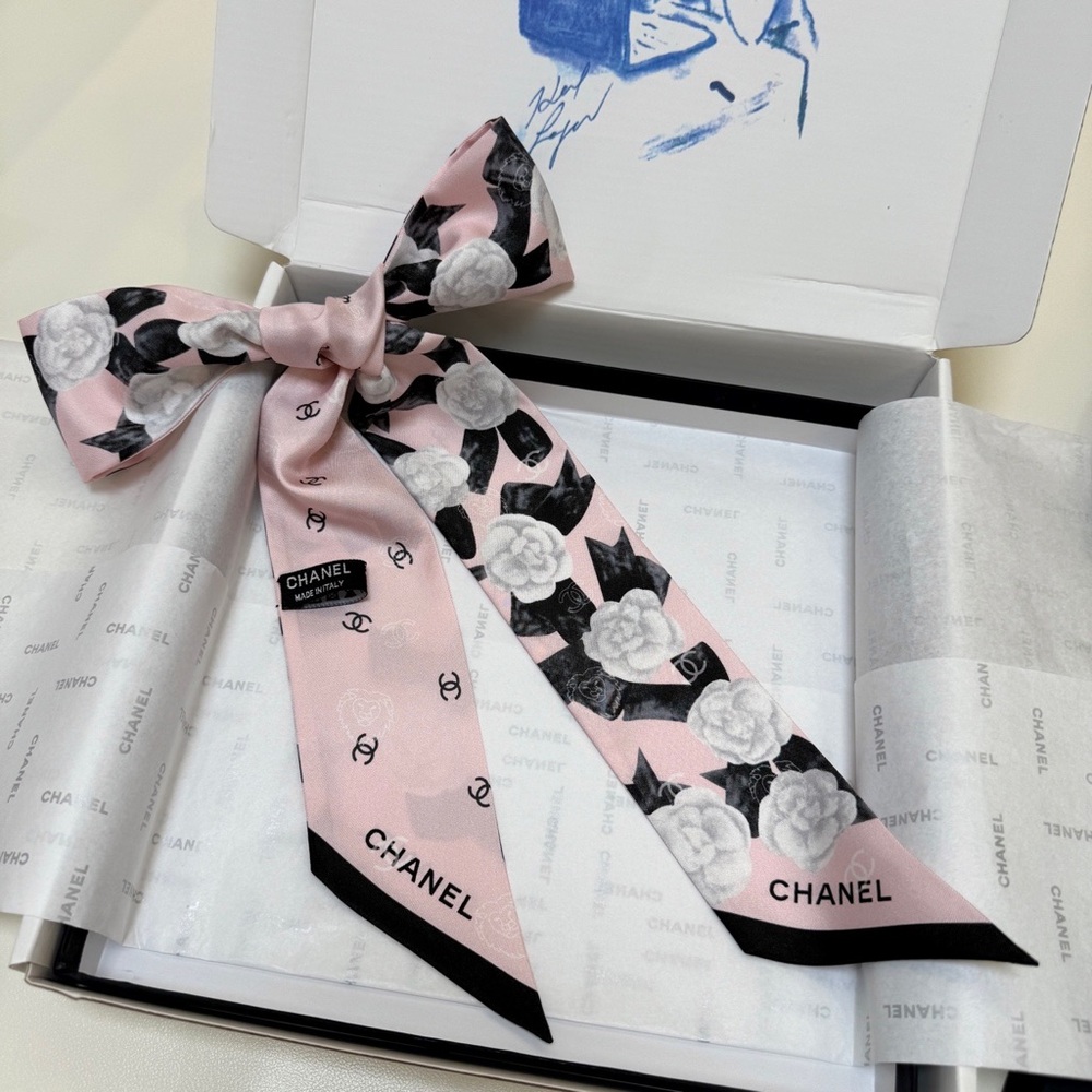 Chanel Camellia Print Pink Twilly Scarf - 100% Authentic - Picture 6 of 9